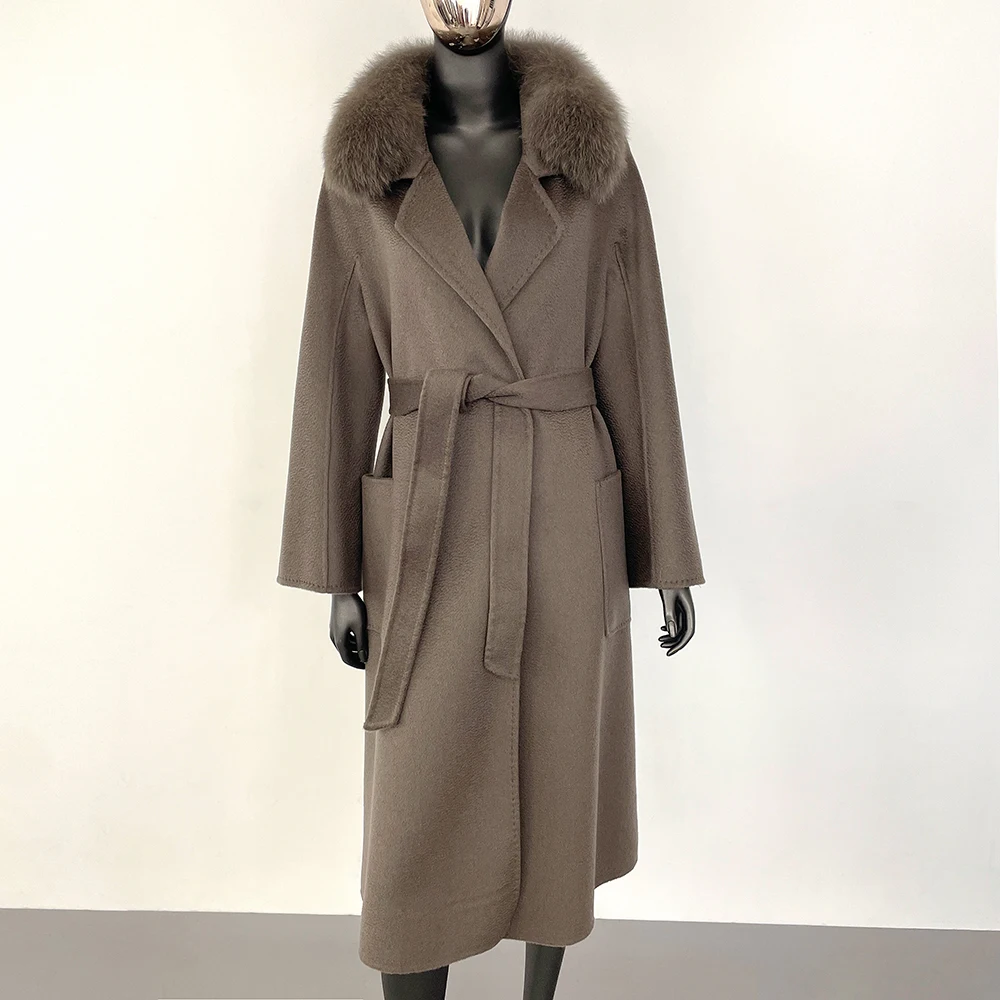 Wool Coat Woolen Ladies Fox Fur Collar Real Fur Coat Winter Jacket Clothes for Women High Street Natural Fur Jacket 2024 New