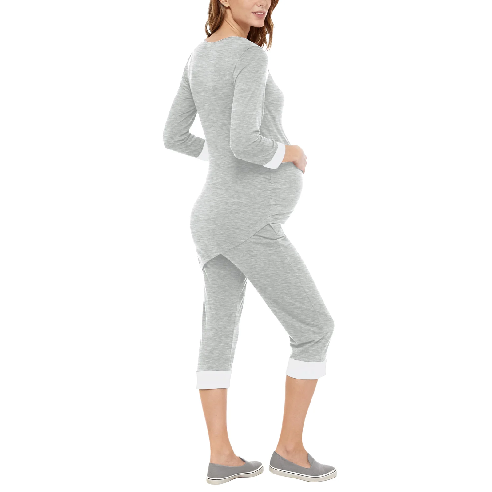 طقم بيجامة نسائي غير رسمي للأمهات 3/4 كم قطع علوية للرضاعة الطبيعية مع سروال خصر قابل للتعديل ملابس نوم ملابس للاستلقاء