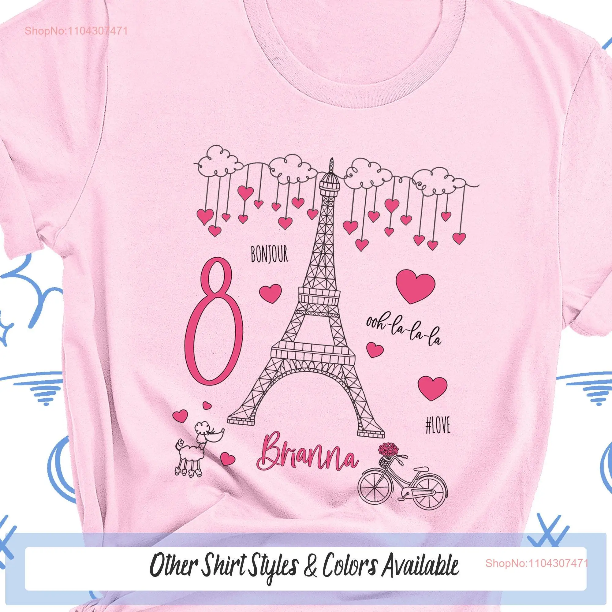 Eiffel Tower Paris Birthday T Shirt French Poodle Personalized Outfit Girl Fashion Illustration  long or short sleeves