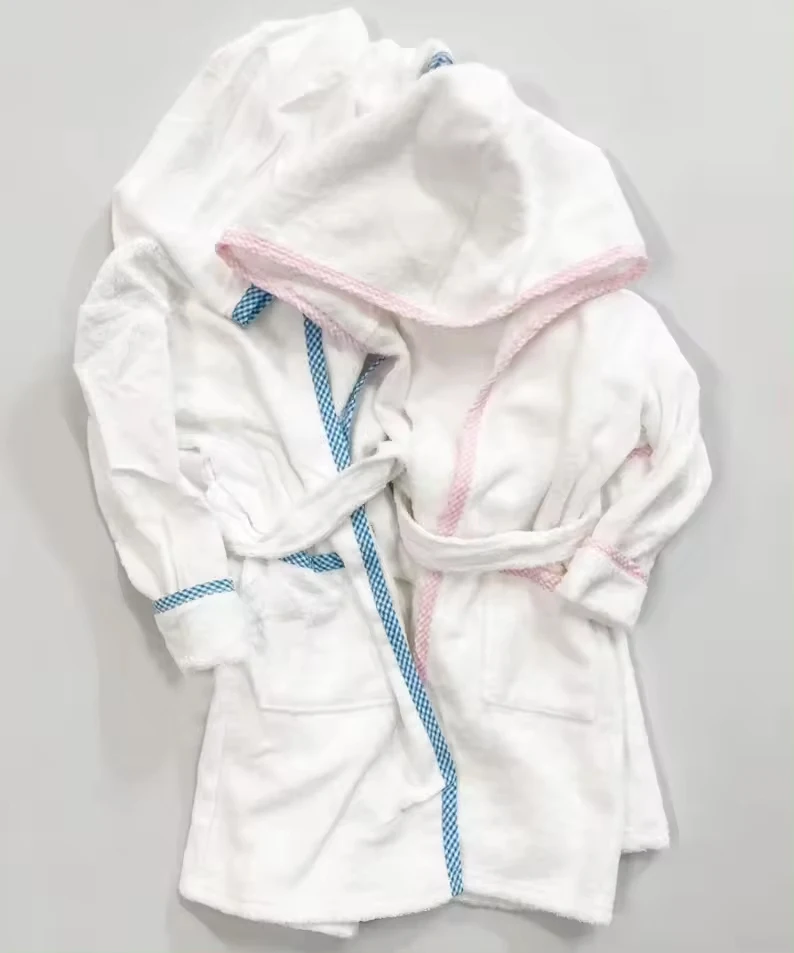 Musbala Terry White Hooded Boys Bathrobes Pink Blue Trim Long Sleeve Kids Girls Dressing Gown