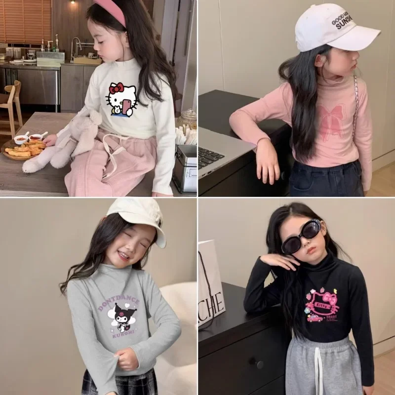 Girls Kawaii Kuromi Hello Kitty My Melody Autumn Winter Bottoming Shirt Tops Chidren Long Sleeved Half-high Collar Pullover Gift