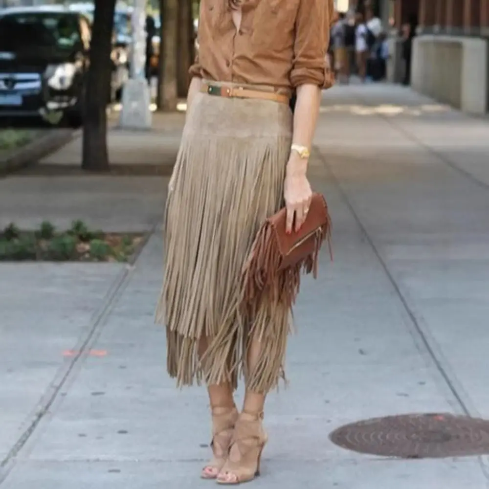 Retro Fringe Skirt Women's 2026 American Style Unique Early Spring Wasteland Style Fashion High Waist Layered Chic A-line Skirt