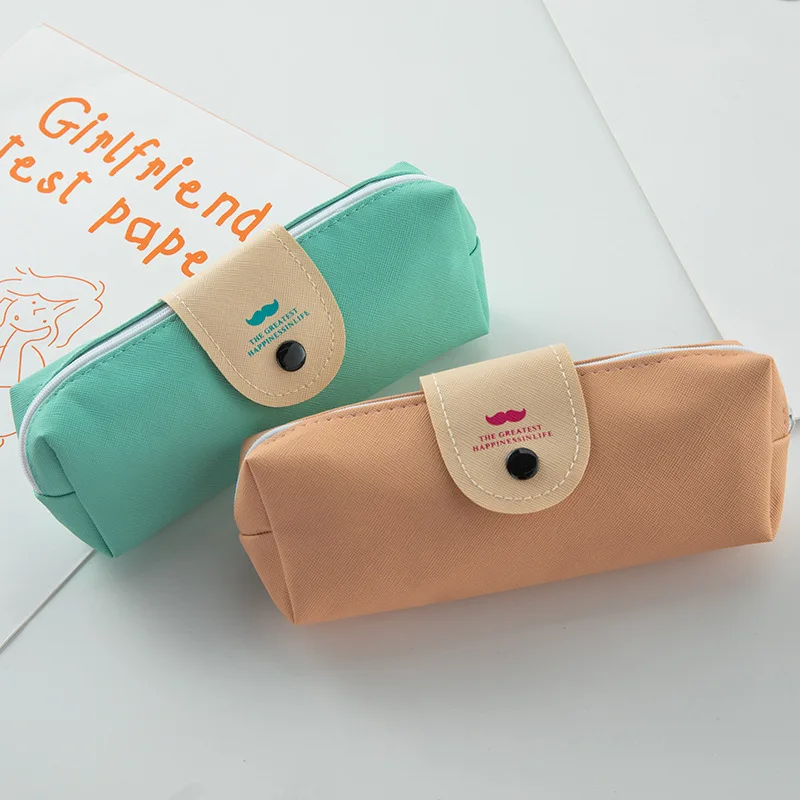 Korean style pu snap closure pencil case wholesale - minimalist, fresh, student stationery pouch for boys and girls - large