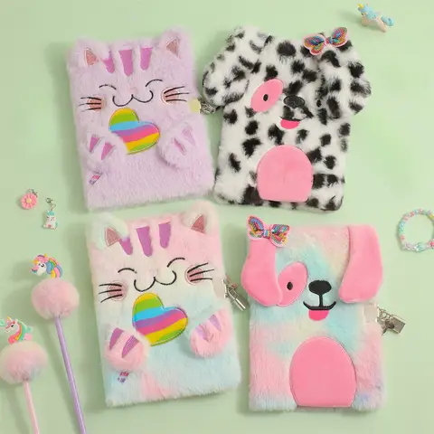 Tecknad plyschkatt anteckningsbok med lås studentdagbok söt pälskling skrivblock barnbrevpapper bärbar fickbok 8 best sales fluffig anteckningsbok - №3