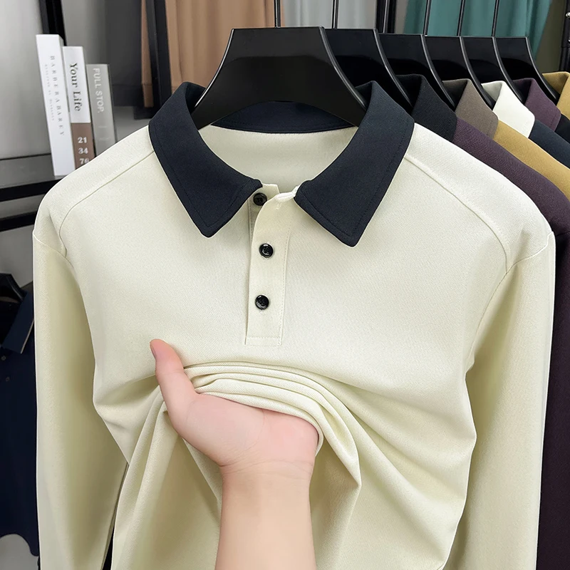 الاتجاه الفاخر طويلة الأكمام الرجال قميص بولو عالية الجودة اللون منعت التلبيب الربيع الخريف تي شيرت الكورية نمط الأعمال رداء علوي غير رسمي #1