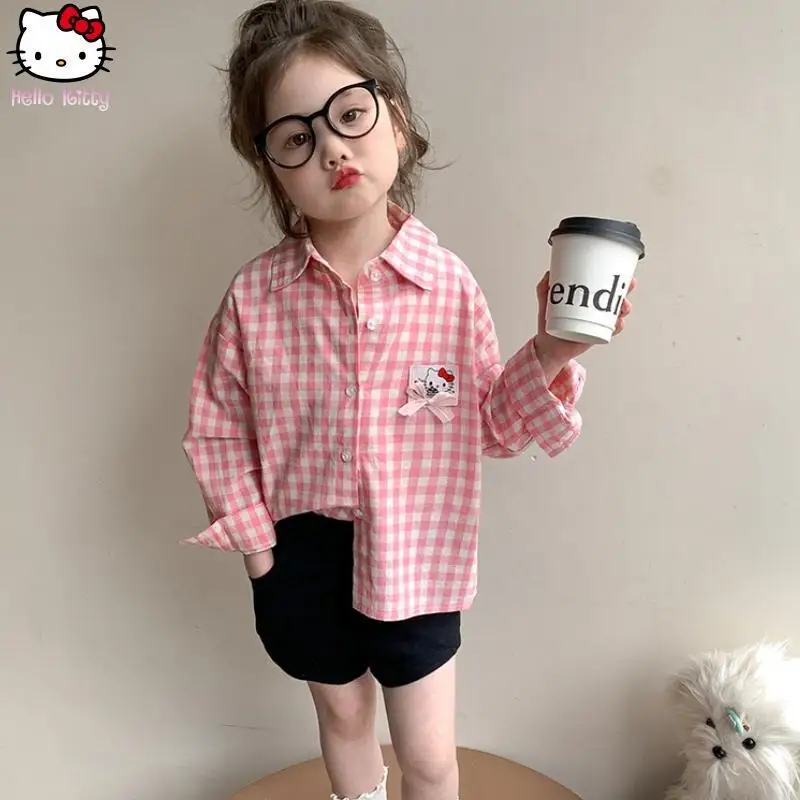 

Hello Kitty Girls Kawaii Bow клетчатая рубашка с аниме мультфильм весенне-осенняя куртка Sanrio новая модная милая одежда для девочек повседневные топы