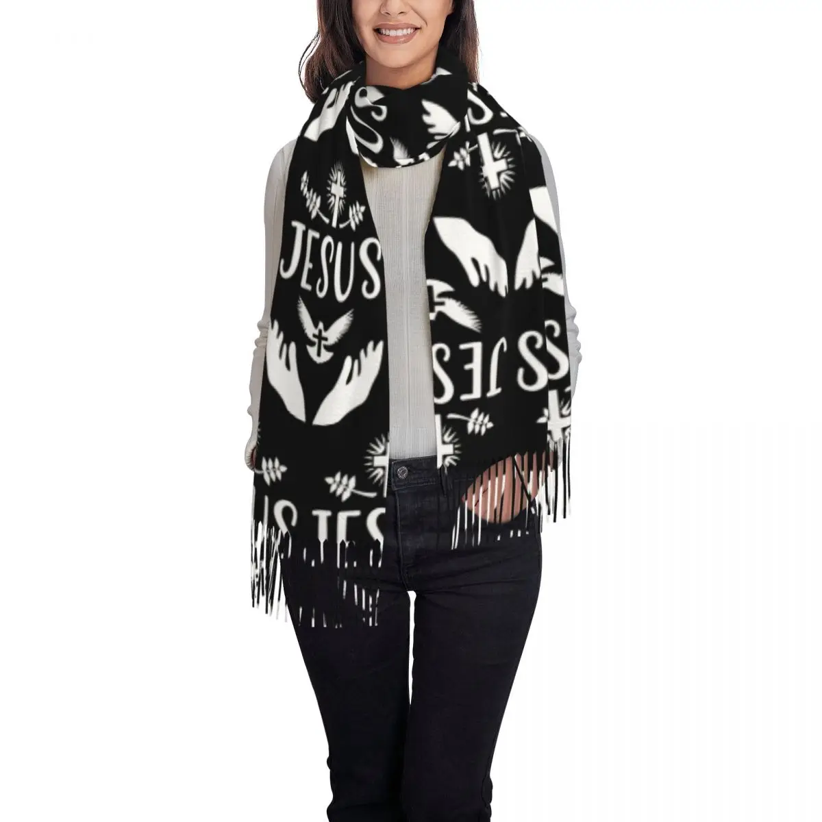 Yeshua Jesus وشاح مسيحي أوشحة شرابة للنساء شالات دافئة ناعمة ويلتف شال طويل للخريف والشتاء