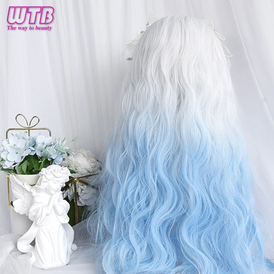 WTB Cosplay Wig Synthetic Long Wavy White Ombre Light Blue Colorful Lolita Wigs with Bangs Halloween Daily Wigs Heat Resistant