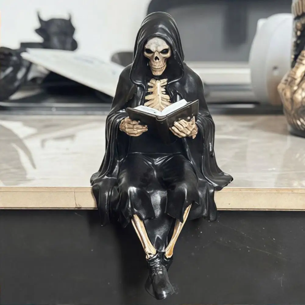 Skeleton Decoration Halloween Reading Skeleton Figurine Spooky Devil Resin Sculpture Grim Reaper Statue for Home Office
