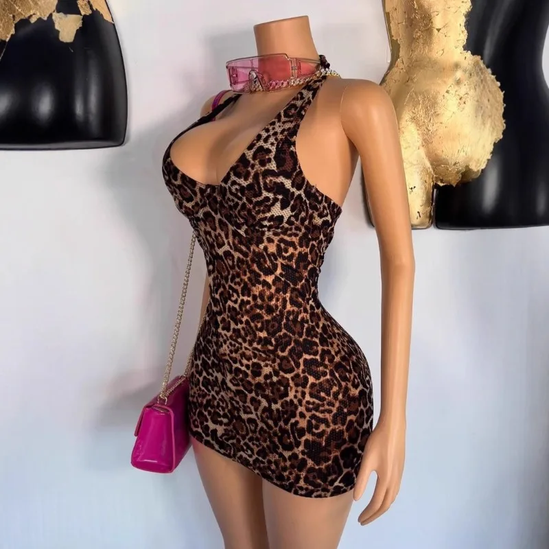 المرأة البرية مثير ليوبارد طباعة Bodycon فستان قصير الخامس الرقبة أكمام الدانتيل يصل الرسن عارية الذراعين ليلة كلوبوير سليم ملابس الحفلات
