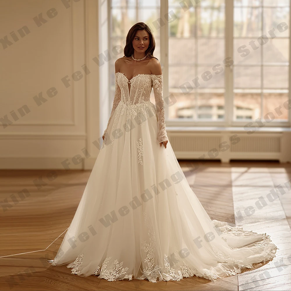 Glitter Women's Wedding Dresses A-Line Sexy Off Shoulder Princess Lace Appliques Bridal Gowns Formal Party Customized 웨딩드레스