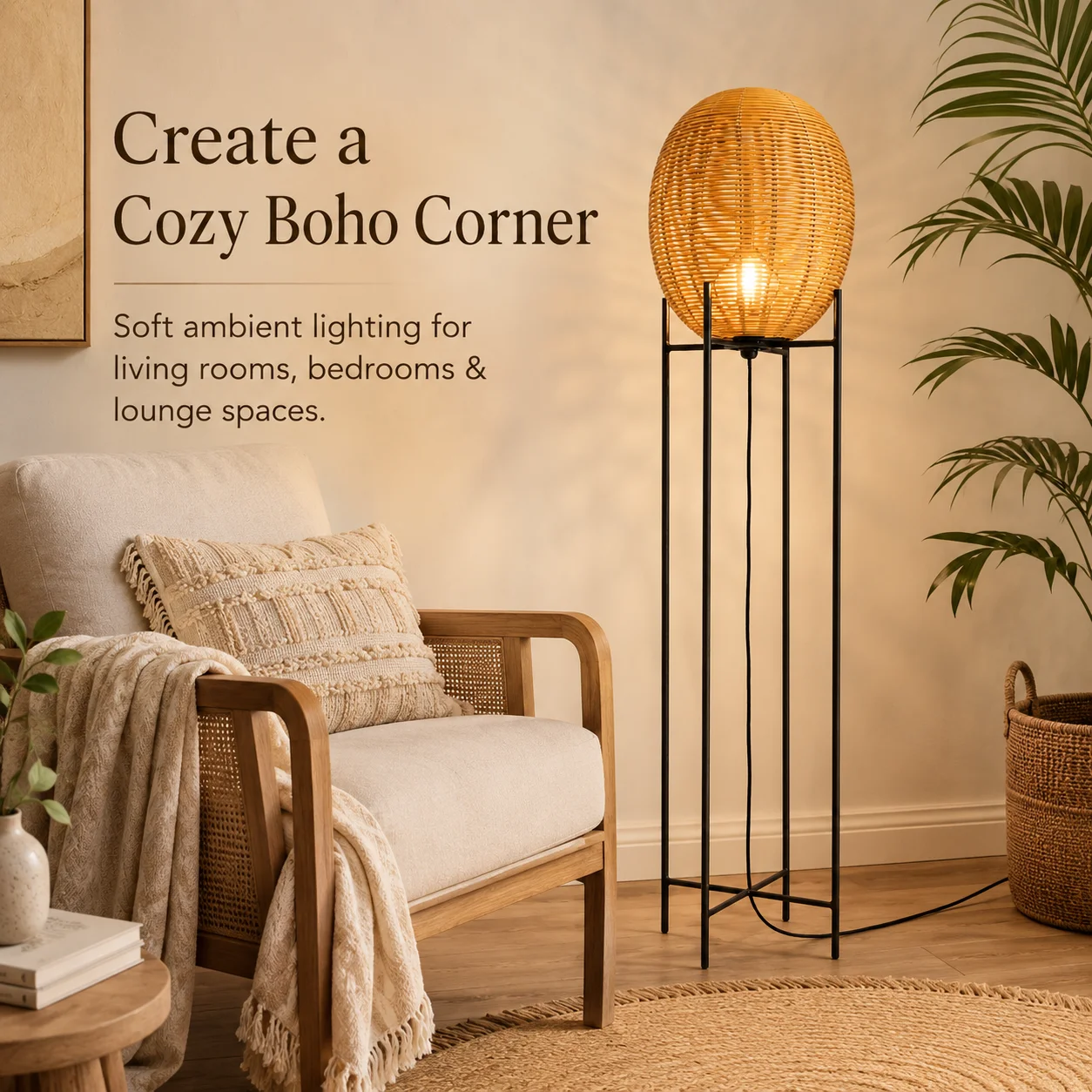 Natural Rattan Floor Lamp Retro Country Style Rattan Ball Standing Light For Hotel Villa Living Room Handmade Woven Home Decor
