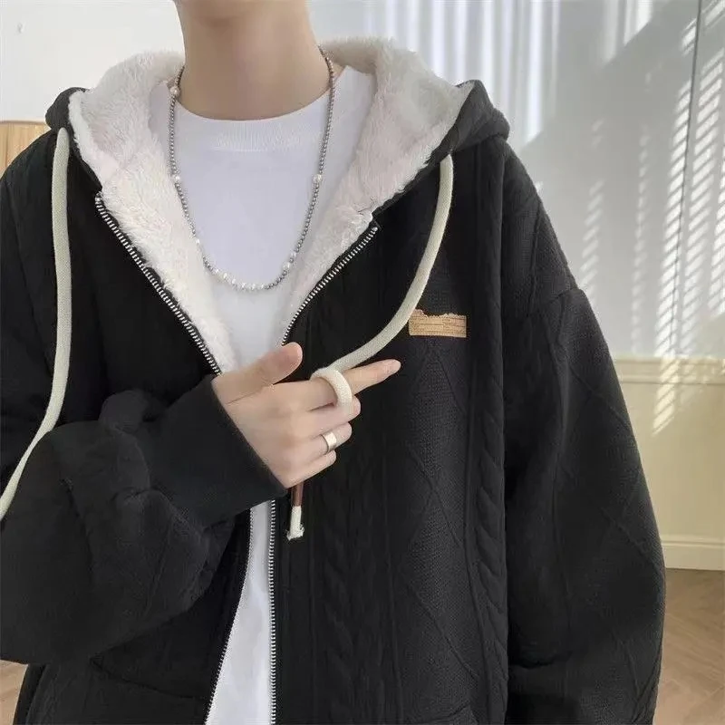 Winter Lamb's Wool Coat Men's Fleece Thickened Cotton Clothes Casual Couple Clothing Teenage Hooded Sweatshirt Soft  Warm