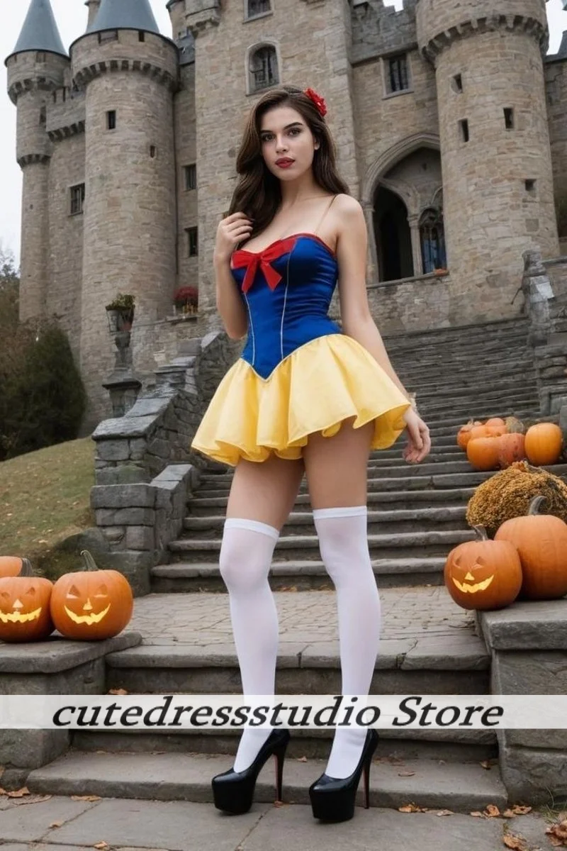 Mini robe de bal bleu Royal et jaune, avec volants à plusieurs niveaux, Cosplay, blanche-neige, Convention de bande dessinée, robes de Cocktail personnalisées pour femmes