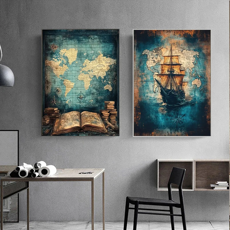 خمر بحري المشارك يطبع العتيقة البحر الكنز خريطة حائط لوح رسم صورة فنية لغرفة المعيشة ديكور المنزل الرجعية #4