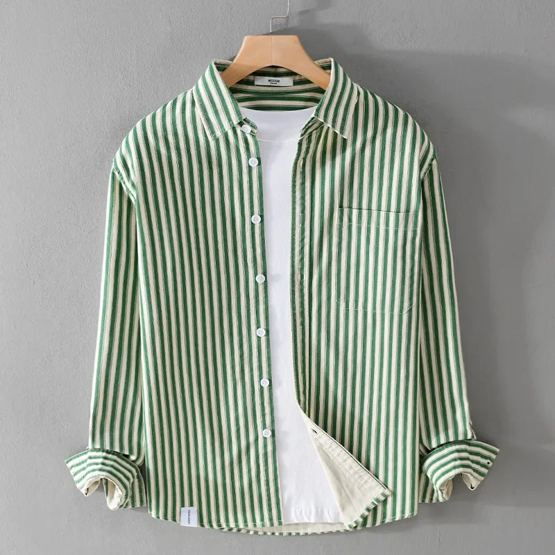 Spring Fall Striped Long Sleeve Shirt Man Daily Casual Mens Tops Lapel 100% Cotton Button Up Shirt Youth Korean Popular Clothes