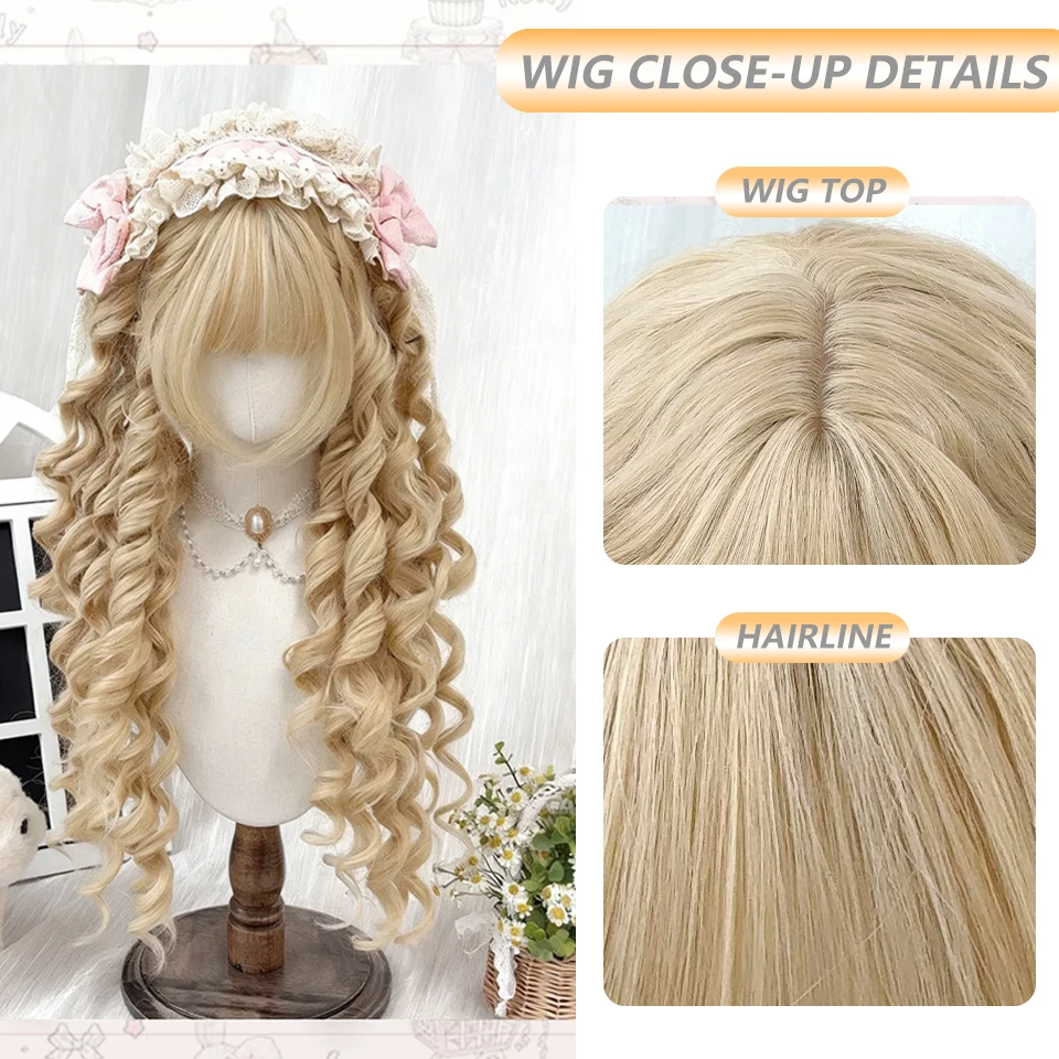 Goldene Tiefwellen-Lolita-Perücke mit Pony, Synthetische Gold-Rosa-Braune Lange Lockige Cosplay-Perücke für Frauen, Halloween-Party und Alltag – Detail 4