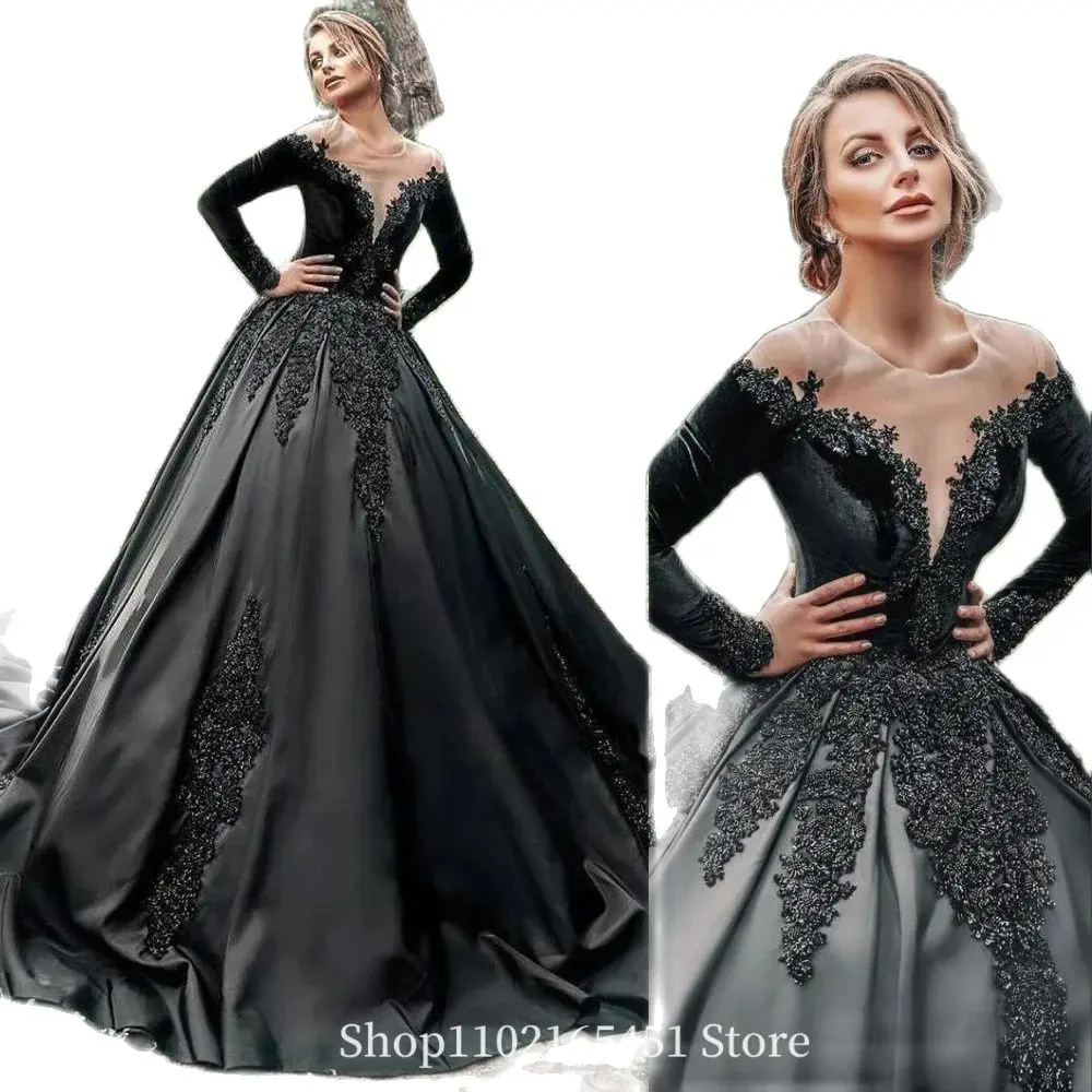 Vestidos De Casamento Gothic A Line com Ilusão Jewel Neck, Mangas Compridas, Apliques De Renda, Contas De Cristal, Vestidos De Noiva, Vestido De Baile Preto