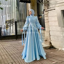 Qunque Modest Light Blue Prom Dresses Long Puff Sleeves Floor Length Satin Muslim Evening Dresses Formal Party Gown Customized