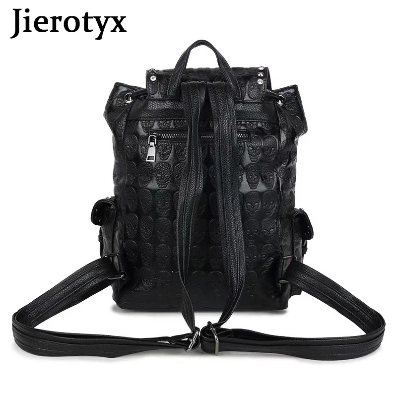 JIEROTYX Skull Backpack Women Gothic Rucksack Rivet Studded Zipper Shoulder Purse Black Punk Metal 3D Daypack School Bags