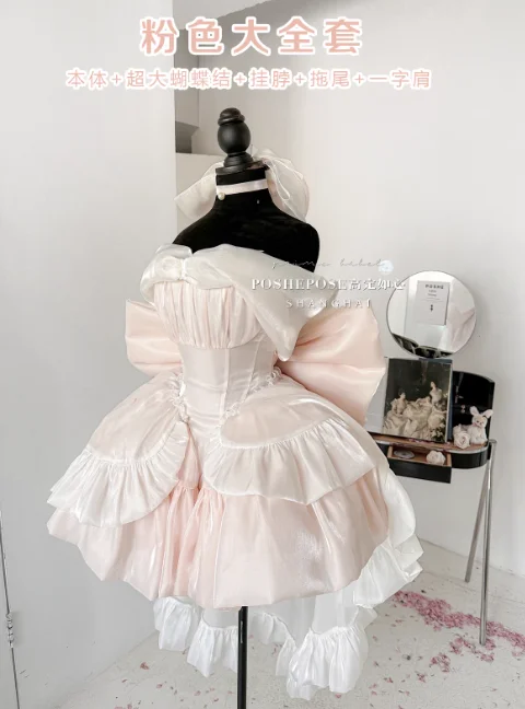 فستان قصير مثير مكشوف الكتفين للنساء فستان أميرة لوليتا لامع عصري مع فيونكة كبيرة الحجم + ذيل + رقبة رسن #5