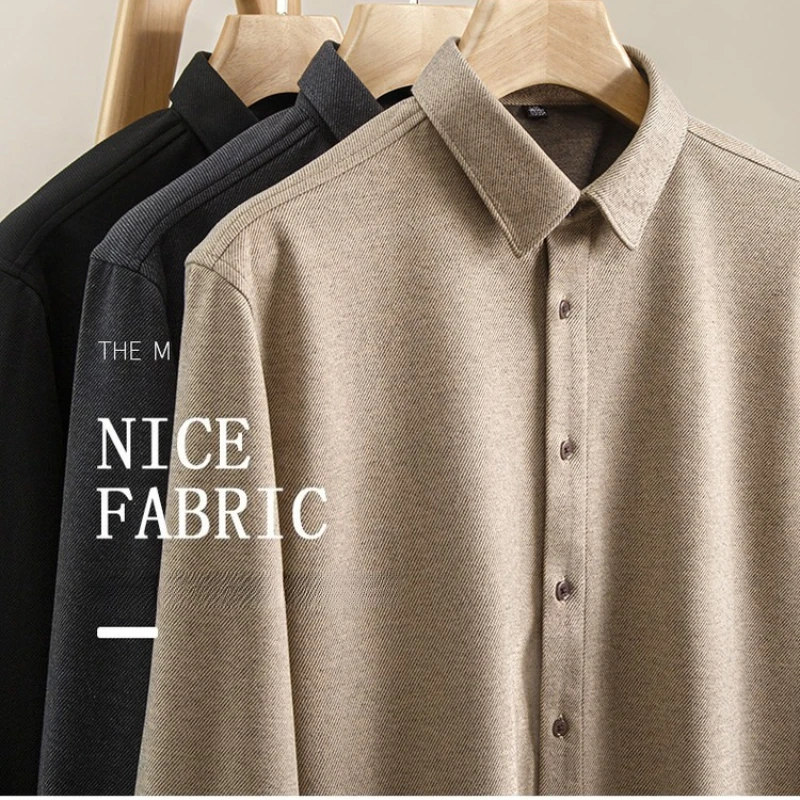 Herren-Langarmhemd aus Kunstwolle, einfarbig, Basic-Stil, helles Khaki, Schwarzgrau, Gentleman-strukturiertes Hemd M-4XL