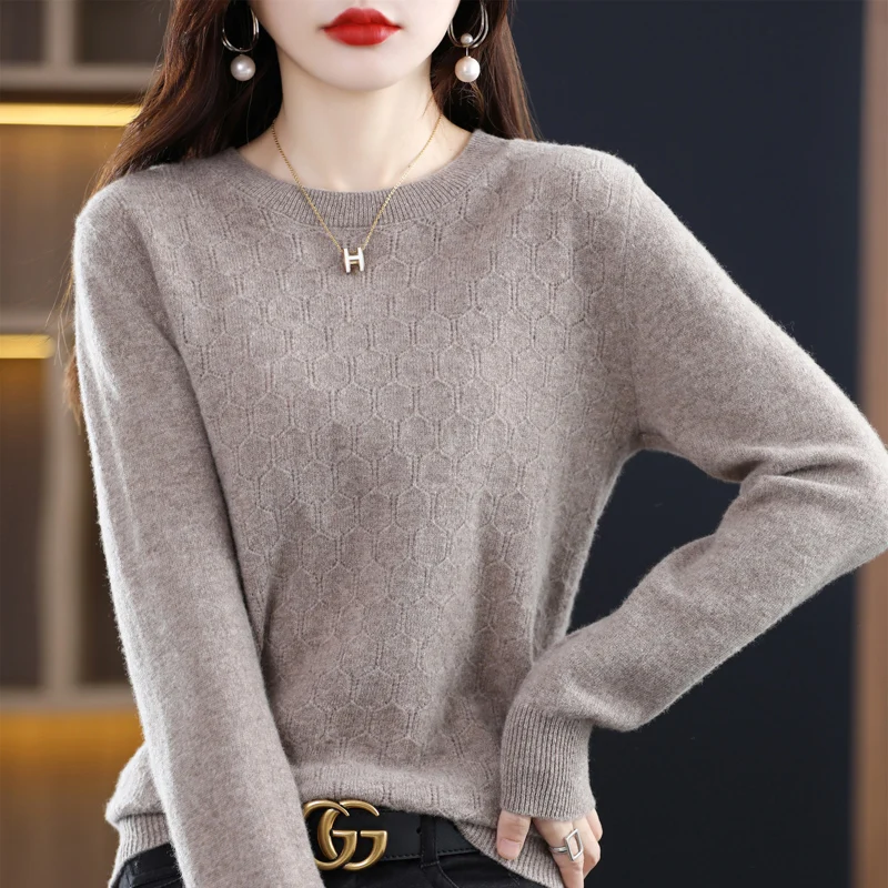 

2024 Winter Women's Knitted 100% All wool Pullover Fashion Sweater O-Neck Long Sleeve Hollow out style Soft Warm Basics Tops