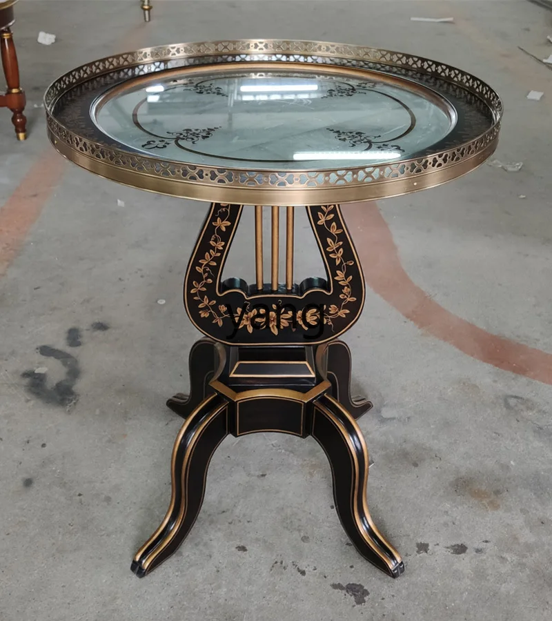 LXL Luxury New Chinese Sofa Mini Corner Table Solid Wood Gold Decoration Hand Painted Copper Lace Piano Shape