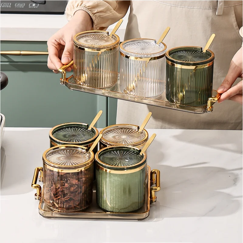 Gold Acrylic Stripe Seasoning Jar Set Household Sugar Bowl Airtight Storage Jar Kitchen Supplies Storage Bottle Grain Dispenser