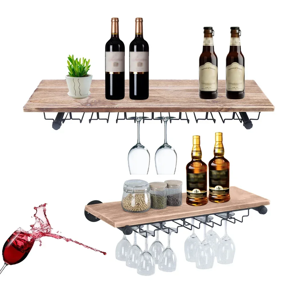 

Industrial Pipe Wine Rack Wall Mounted with Glass Holder Iron Wood Storage Shelf for Kitchen Living Room Dining Bar 61cm 92cm