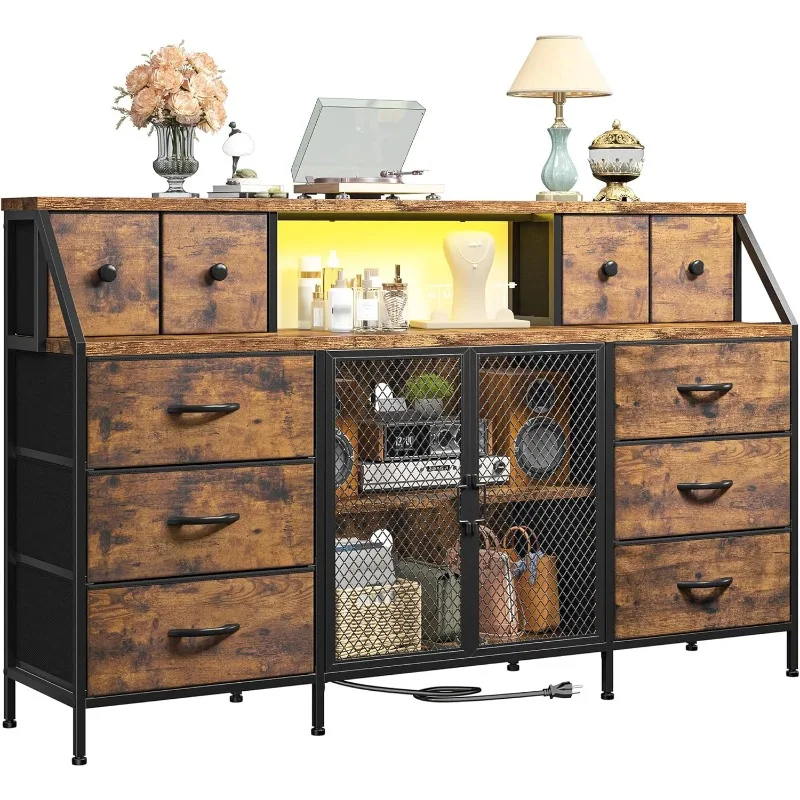 

Комод шириной 55 дюймов для спальни с 10 тканевыми ящиками, ящиком для шкафа со светодиодной подсветкой и зарядной станцией, комодами и комодом