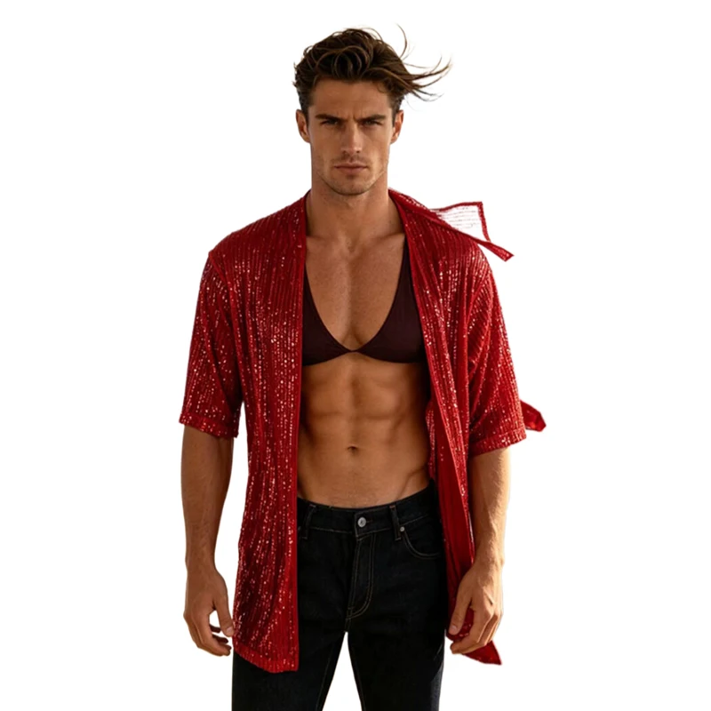 Herren-Pailletten-Kimono-Cardigan, kurzärmelig, vorne offen, locker sitzende Strand-Party-Festival-Rave-Oberbekleidung, Herren-Poloshirts, Kleidung – Detail 3