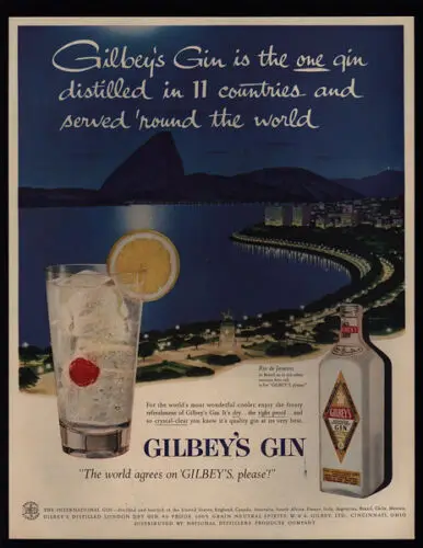 1n,1957 GILBEY's Gin – Rio De Janiero, Brasilien – BINGHAM Art – VINTAGE Blechschild