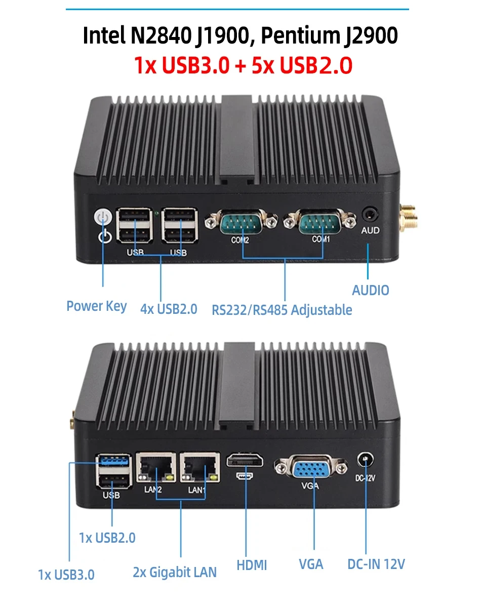 BEBEPC Fanless Industrial Mini PC with Intel Celeron J6412 J1900 Support Linux Computer with 2xRS232/485 2xGbE LAN Win10 Ready