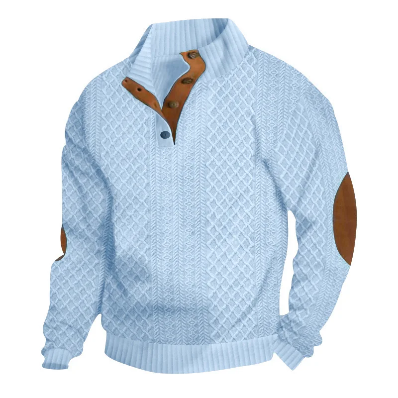Herren Jacquard-Pullover mit Stehkragen, Ellenbogen-Patches, Langarm, lässiger Strick-Sweatshirt – Detail 7
