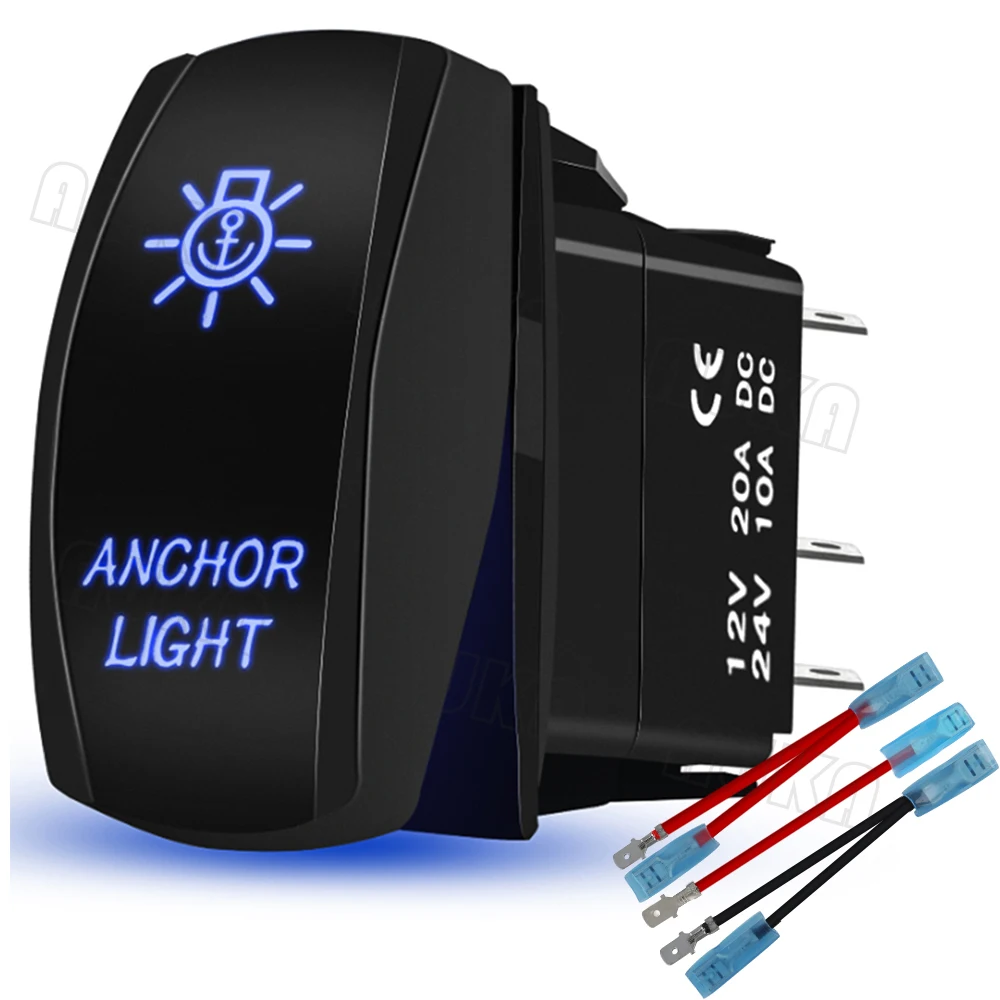 

Waterproof ANCHOR LIGHT Rocker Switch On-Off 12V/24V 5Pin Laser SPST Toggle Switch Blue Light With Wires Set For Marine Boat Car