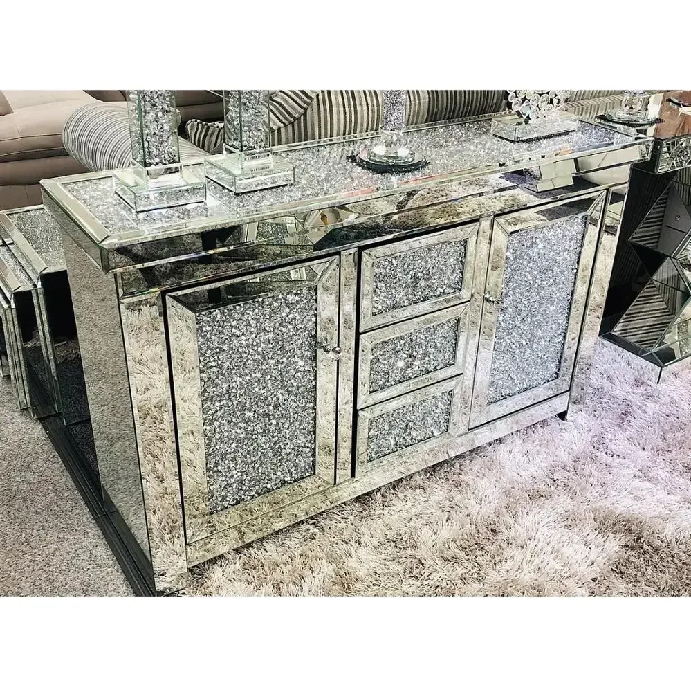 Wholesale Price Modern Luxury Silver Sparkly Crushed Diamond Mirrored Two Doors Sideboard Cabinet Console For Home Hotel