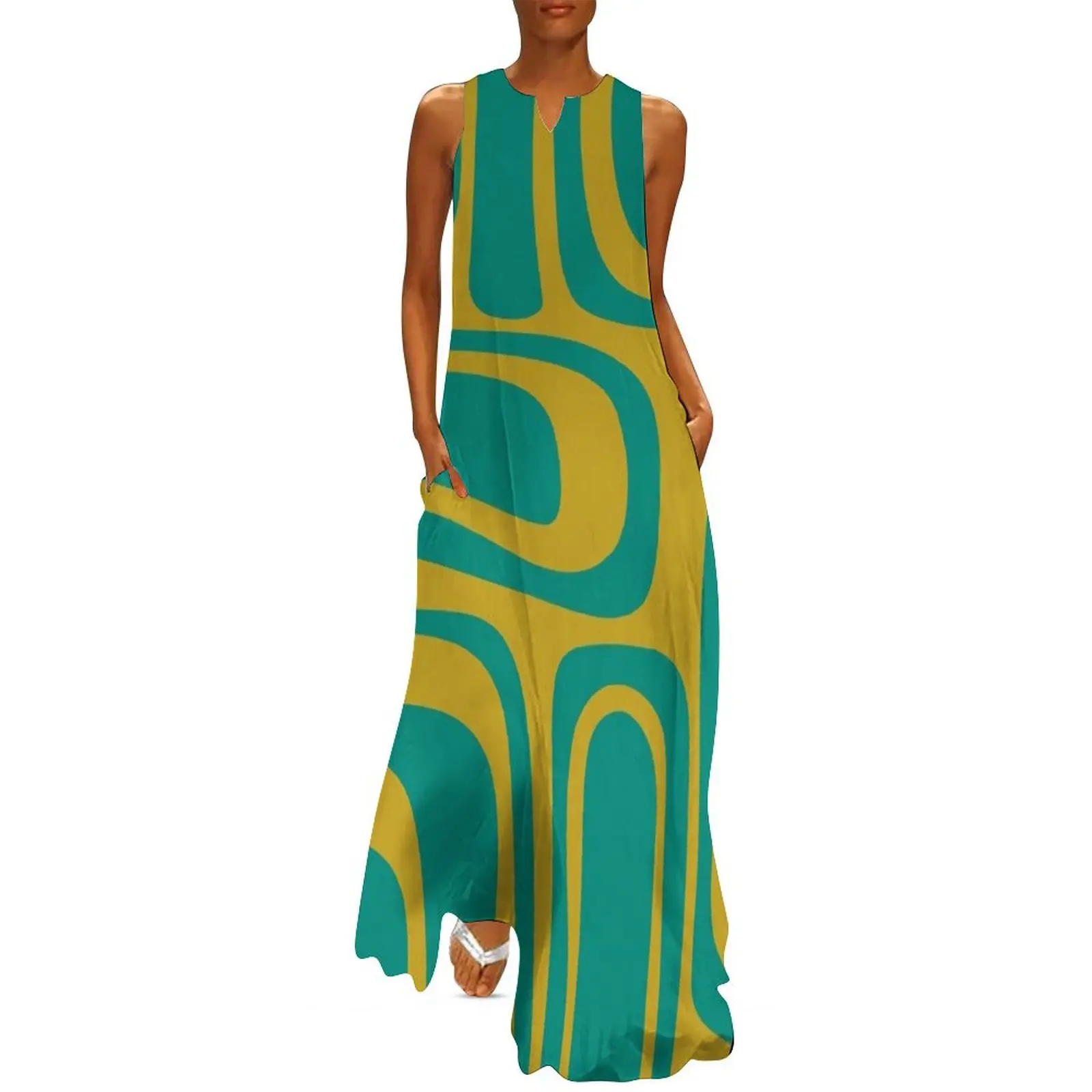 

Palm Springs Retro Midcentury Modern Abstract Pattern in Mid Mod Turquoise Teal and Mustard Long Dress fairy dress Dress