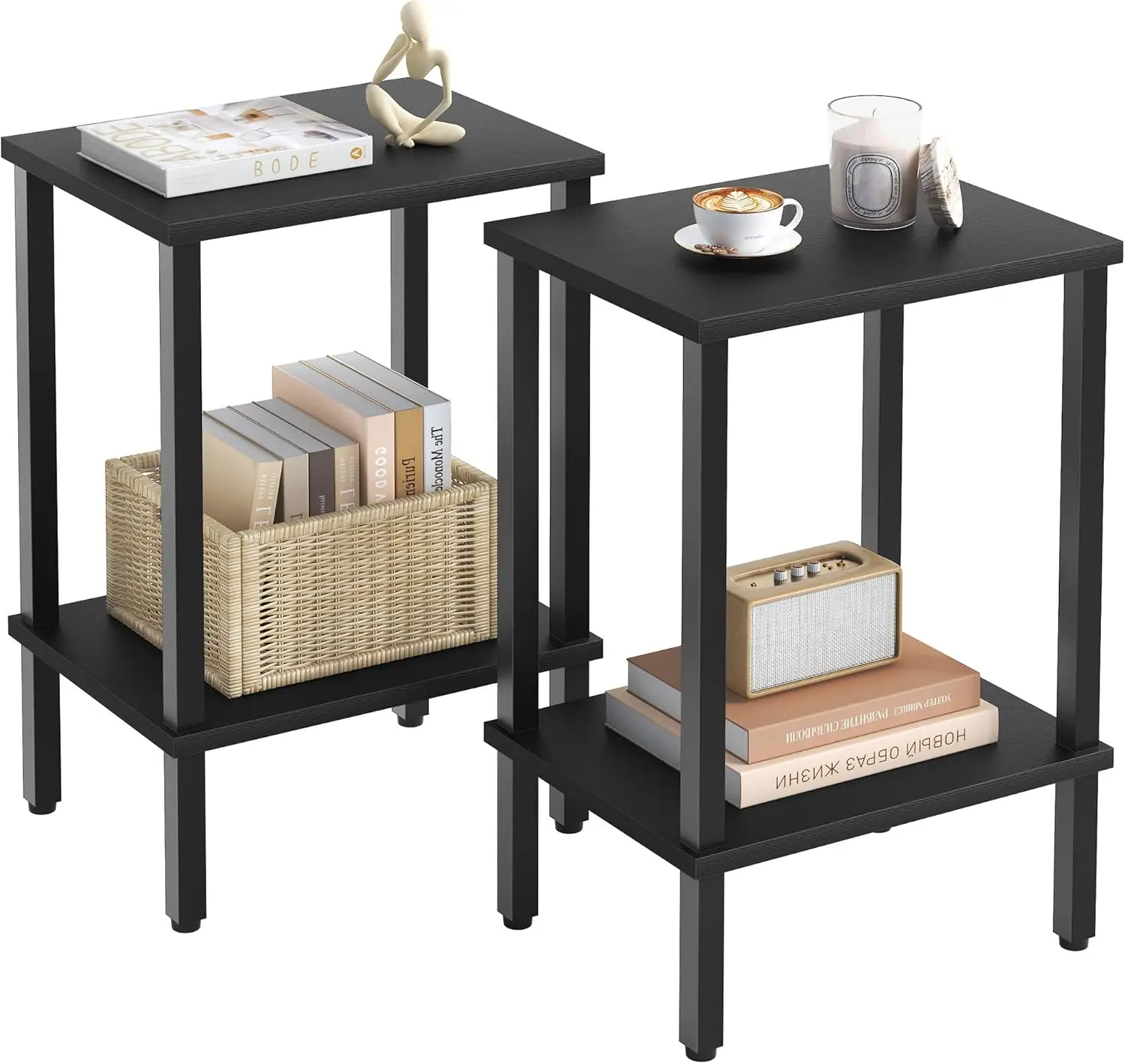

End Table Set of 2, Narrow Side Table, Small Nightstand, 2-Tier Sofa Table with Storage Shelf for Small Spaces Living Room