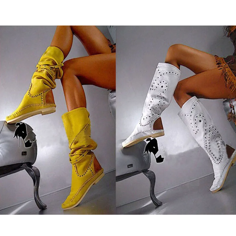 Factory Yellow White Suede Rivets Studded Belt Fasten Flat Knee Boots Round Toe Woman Autumn Roman Botas Shoes
