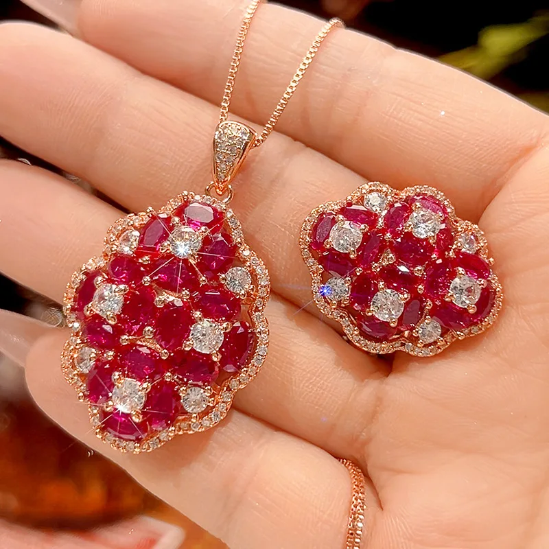 

Rose Gold Red Ruby Zircon Jewelry Vintage Floral Shape Adjustable Ring Pendant Necklace Statement for Women Party Wedding Gift
