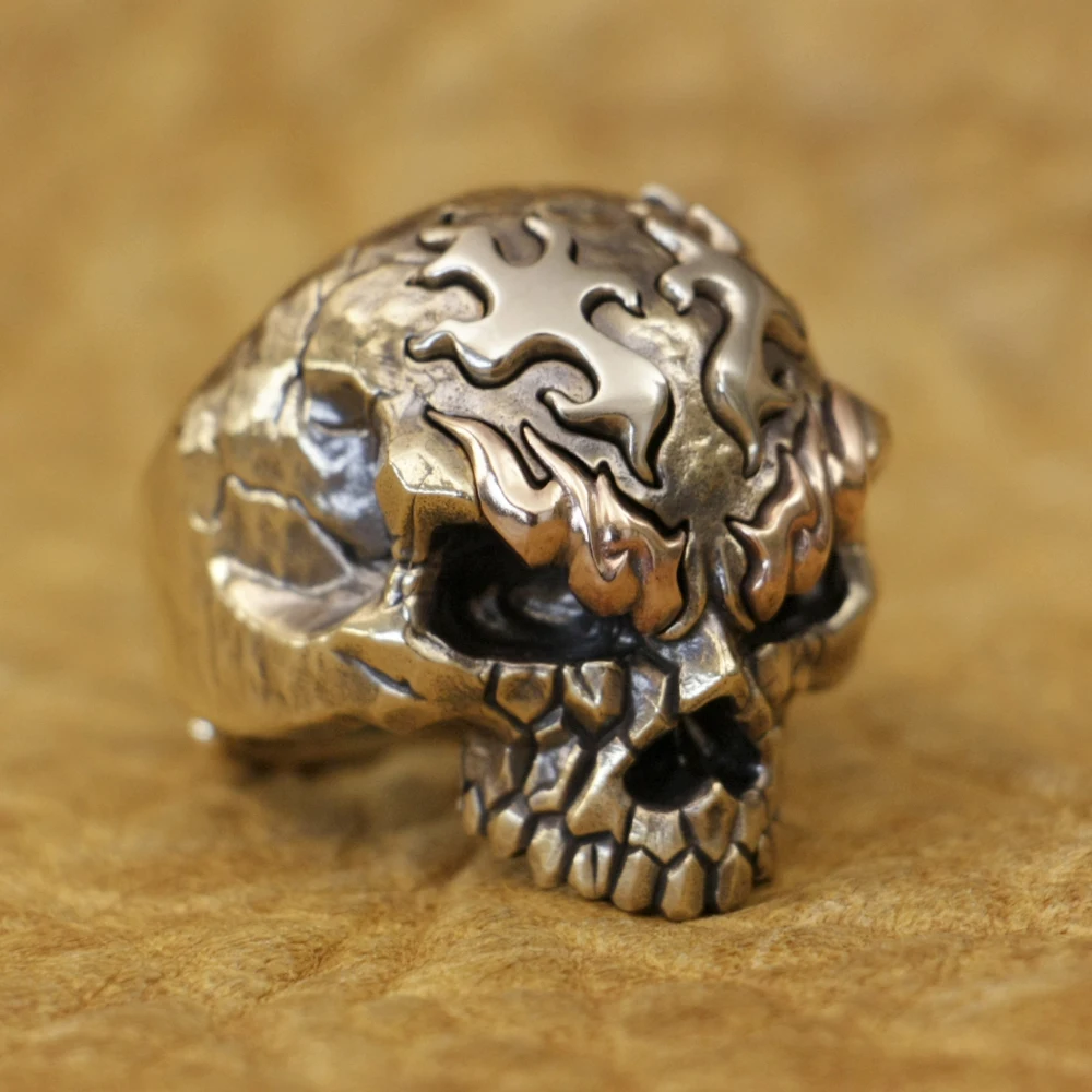 Brass Skull Copper EyeBrow Cupronickel Fire Skull Ring Punk Adjust Ring BR427 US Size 8~15