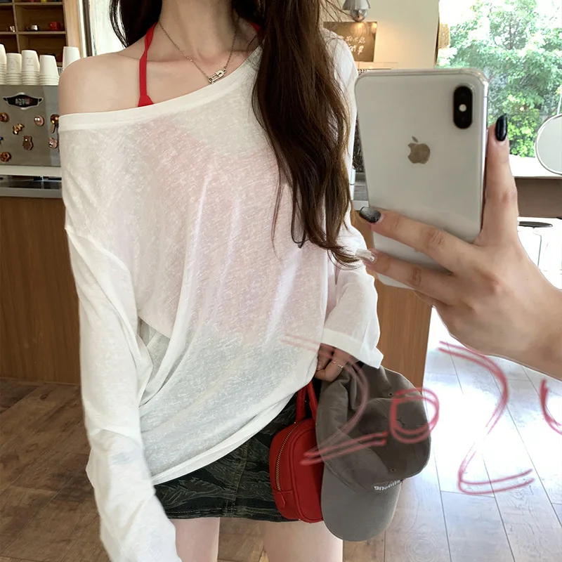 

See Through Long sleeve T Shirt Women Thin Perspective Slim Shirts Summer Off shoulder Top Sunscreen Female Pullovers Basic Tees