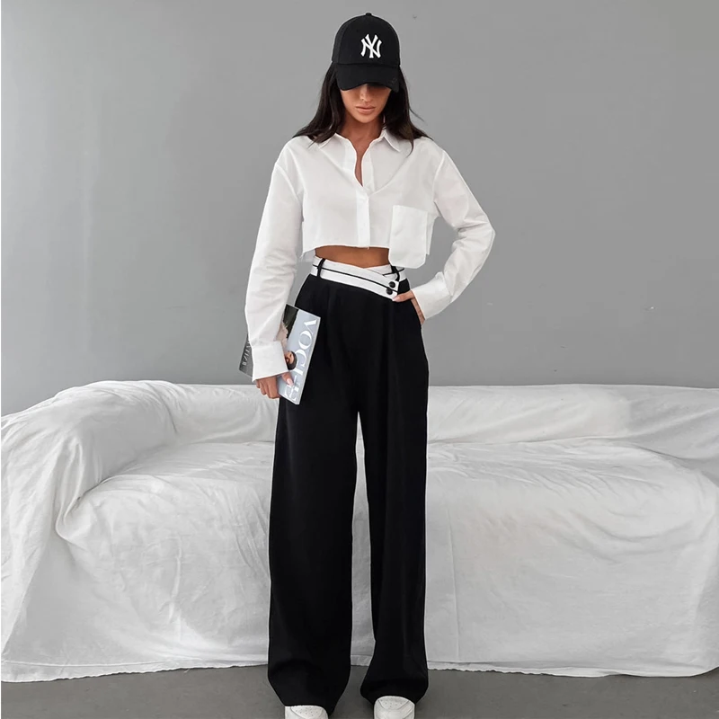 DGLUKE Women Fashion Elegant Wide Leg Pants Patchwork High Waist Long Pants Woman High Street Loose Black Trousers