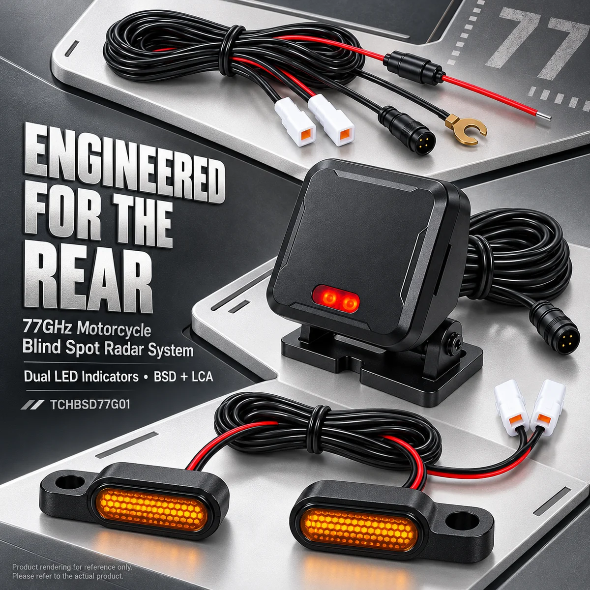77GHz Motorcycle Blind Spot Radar System with Dual LED Indicators, BSD 8.4m LCA 50m, Rear Detection Up to 70m