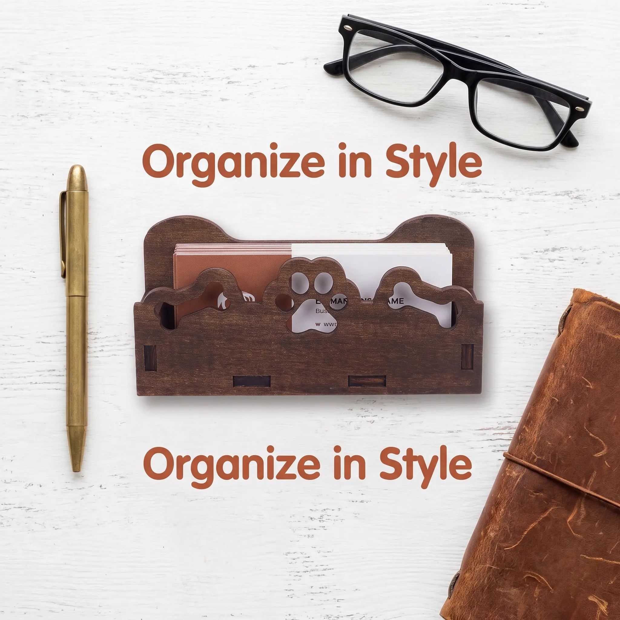 2Pcs Business Card Holder Wood Dog Paw Pattern Desktop Organizer Stand Name Card Display Office Desk Counter Exhibition