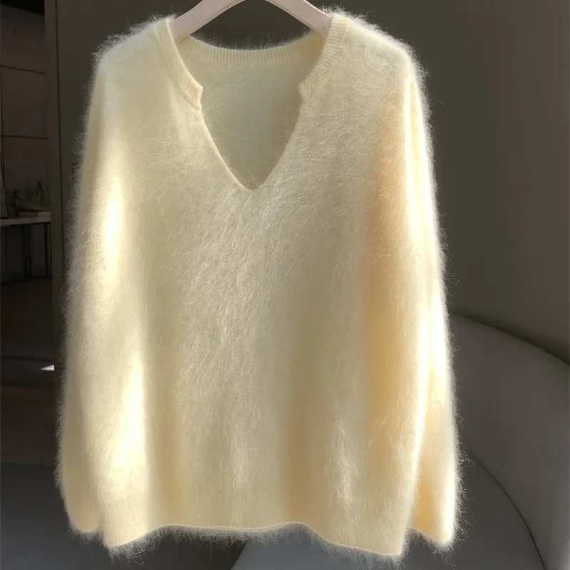 Weicher, geschmeidiger High-End-Pullover aus Fufu-Gänsegelb-Angora für Damen, Herbst/Winter, gestricktes Oberteil im Idle-Stil, V-Ausschnitt, warme, bequeme Passform