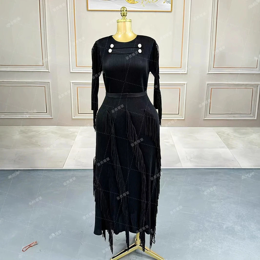 

High-end 2025 pleated dress African plus-size long skirt light luxury wrinkled tassel clothing-GZXX1003
