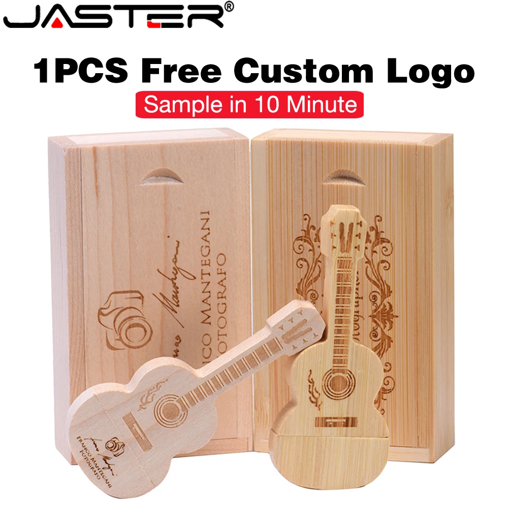 JASTER Wood Guitar USB Flash Drives 128GB Free Custom Logo Pen Drive 64GB Wooden Box Memory Stick Music Creative Wedding Gift