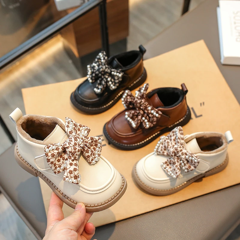 Children Princess Floral Shoes with Bow-knot Girls Pearls Beautiful Leather Shoes Spring Autumn Breatheable Kids Casual Loafers